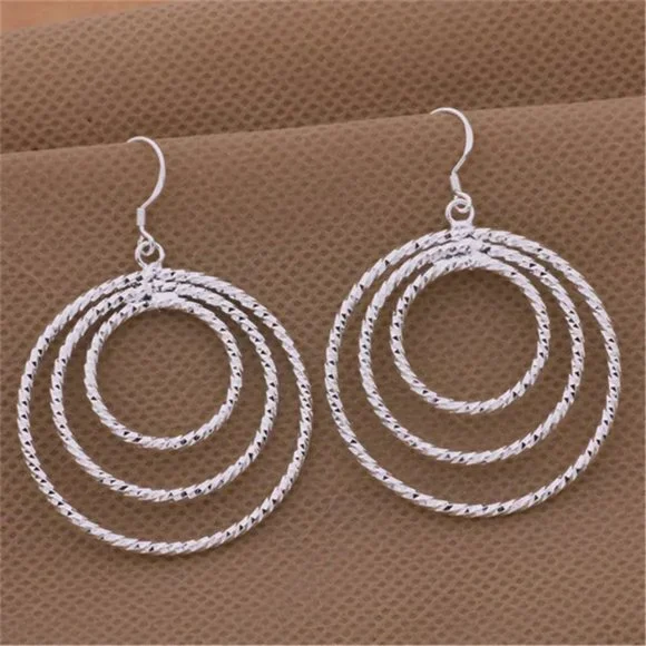 Gorgeous 3 Circles Hanging Earrings, Solid Sterling Silver "Hypoallergenic" - Picture 5 of 9